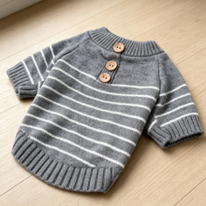 Grey Striped Knitted Dog Sweater with Wooden Buttons L