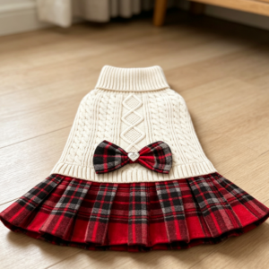 Girl Bowtie Turtleneck Dog Sweater Dress Stretchy