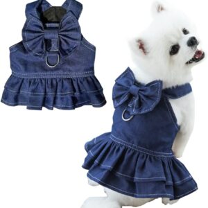 Dark Blue Denim Dog Dress with Leash Ring Bow Knot