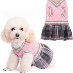 Pink Plaid V-Neck Dog Sweater Dress with Leash Hole