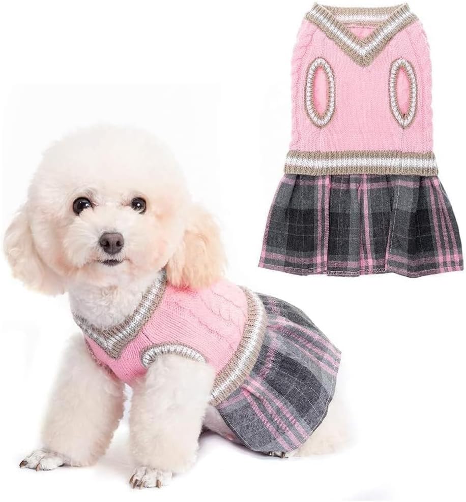 Pink Plaid V-Neck Dog Sweater Dress with Leash Hole