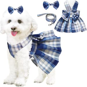 Blue Medium Plaid Dog Dress with Pearls Bow Leash Set
