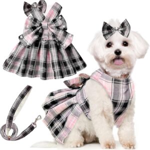 Pink Plaid Dog Harness Dress Leash Set Pearls