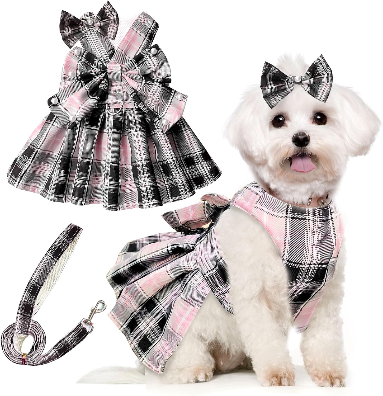 Pink Plaid Dog Harness Dress Leash Set Pearls