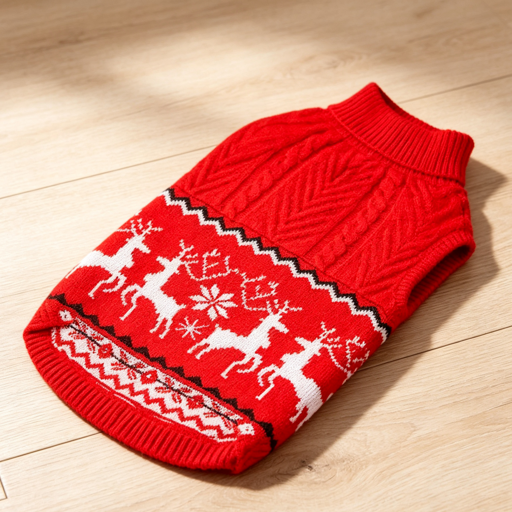 Red Small Dog Christmas Reindeer Sweater with Leash Hole - Image 2
