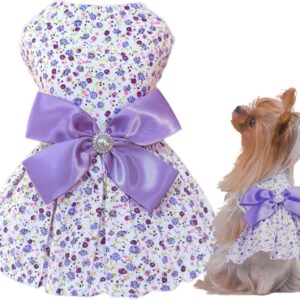 Purple Small Floral Dog Dress with Satin Bow Pearl