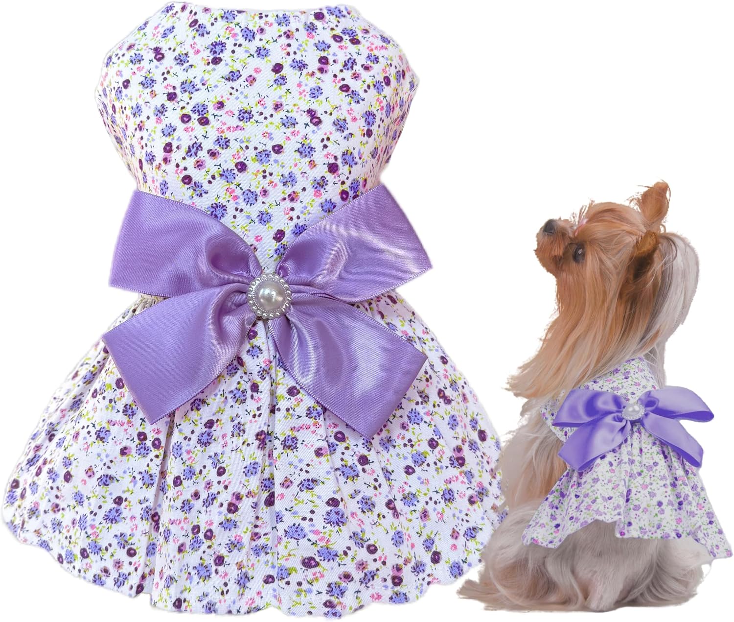 Purple Small Floral Dog Dress with Satin Bow Pearl